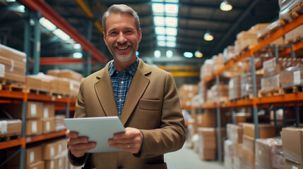 Smiling middle-aged man with a digital tablet in a warehouse.