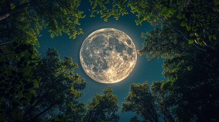 Naklejka premium Moon: A captivating photo of the moon shining brightly through a canopy of trees