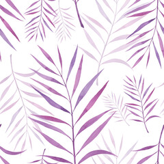 A seamless pattern with beautiful lilac tropical palm leaves on a white background is hand-drawn. Floral botanical pattern element. Template for fabric, wallpaper, wrapping paper, holiday, design.