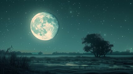 Fototapeta na wymiar Moon: A serene illustration of the full moon shining brightly in a starry sky