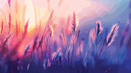Wild feather grass in a forest at sunset. Macro image - obrazy, fototapety, plakaty