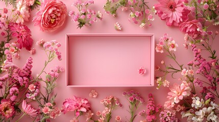 Pink box surrounded by pink and white flowers, with a pink background and pink color scheme. For Mother's Day, Design, Cover, Poster, Banner, PPT, Wallpaper, holiday