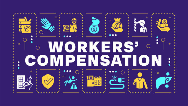 Workers compensation yellow word concept. Business insurance, compensation. Employees safeguard. Visual communication. Vector art with lettering text, editable glyph icons. Hubot Sans font used