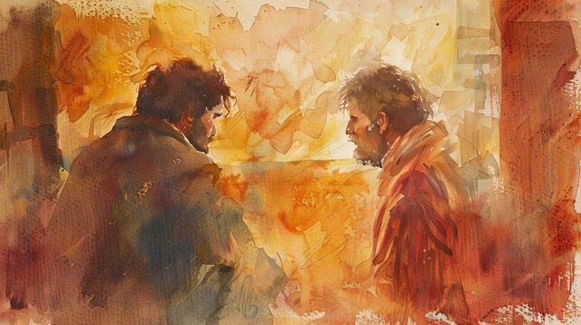 The parable of the prodigal son, rendered in forgiving and warm watercolor tones
