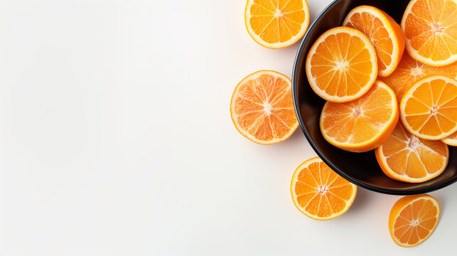 Orange slices in a bowl on a white table aerial view space on the left