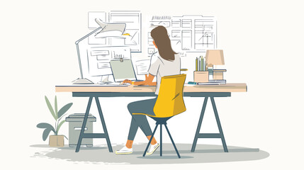 Woman architect sitting at office desk Hand drawn sty