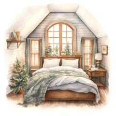 Watercolor illustration of a cozy bedroom with a large window, a wooden bed, a bedside table, a bookcase, a Christmas tree, a chest of drawers.