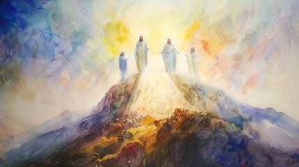 The Transfiguration of Jesus on the mountain, captured in radiant watercolor glows and ethereal light