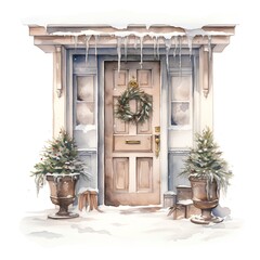 Fototapeta na wymiar Watercolor illustration of a Christmas decorated front door with a wreath of fir branches.