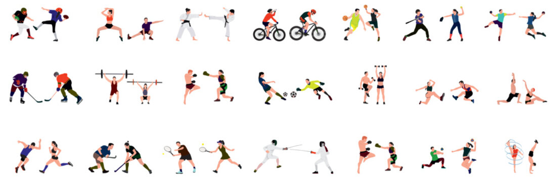 Pair of professional athlete. Huge collection of sports people. Realistic vector of all professional athletes. Olympic sports game bundle. athlete sports glyph bundle