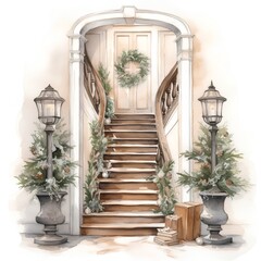 Fototapeta na wymiar Watercolor hand drawn illustration of stairs with christmas tree, lantern and vase.