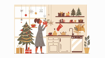 Woman decorating home for christmas Hand drawn style