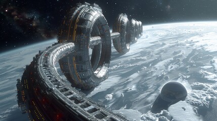 Space Exploration: A 3D rendering of a space station orbiting a gas giant