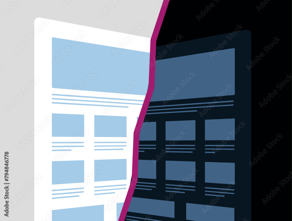 Poster dark mode vs light mode comparison. user interface preferences, dark and light themes and display se