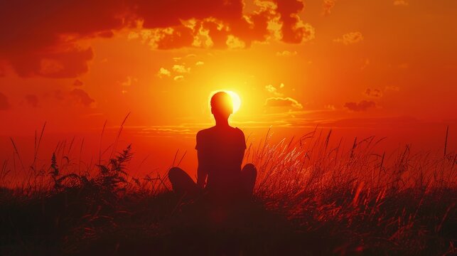 A monk sits on a mountaintop as the sun sets.