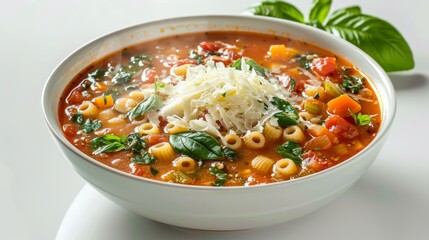 Elegant serving of hearty Minestrone soup, filled with vibrant seasonal vegetables and pasta, enriched with Parmesan, studio shot on isolated background