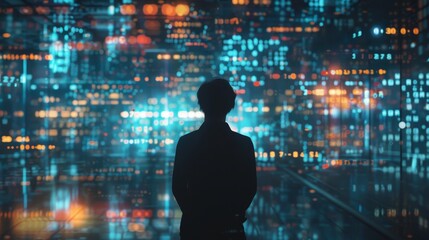 A person standing in a room with a digital city projected on the walls.