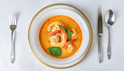 Traditional Tom Yum Goong Dish on Porcelain Plate, Authentic Thai Cuisine Concept