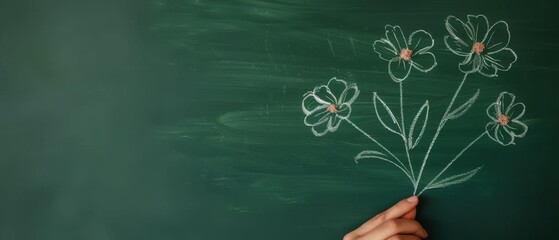 Hands holding flowers drawn on a chalkboard. Green chalkboard background with copy space for text.