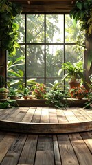 Rustic wood podium with plants and big window in the background. Product display podium.