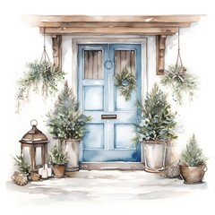 Fototapeta na wymiar Hand drawn watercolor illustration of blue wooden door with christmas decoration