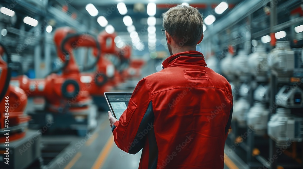 Poster Production manager holding a tablet overseeing the modern factory with robot arms, red and light grey theme, modern. Generative AI.