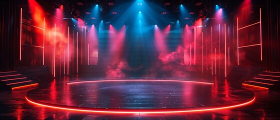 Empty stage with bright spotlights. Modern stage for dance production. Empty stage with copy space.