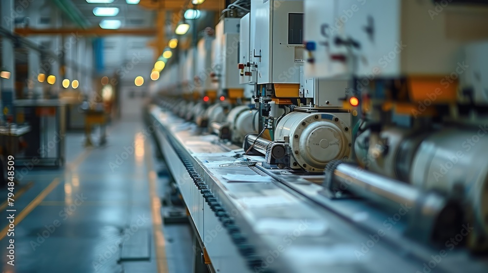 Poster inside the factory, the production of machines. generative ai.