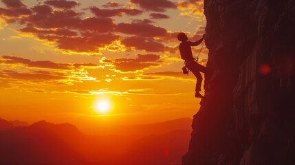 A rock climber scales a sheer cliff face as the sun sets behind them.