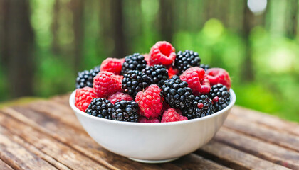 Forest Berries in White Porcelain Bowl. Raspberries and blueberries and forest in depth of field