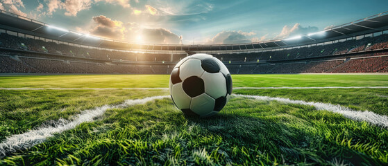 A soccer ball is on the field in front of a stadium by AI generated image