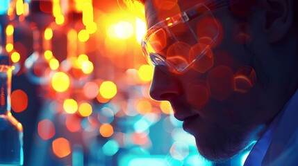 A scientist wearing safety goggles looks at a glowing beaker of chemicals.