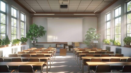 Modern classroom with projector screen. Empty classroom with whiteboard and copy space for text.