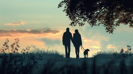 A silhouette of a couple walking their dog at sunset.