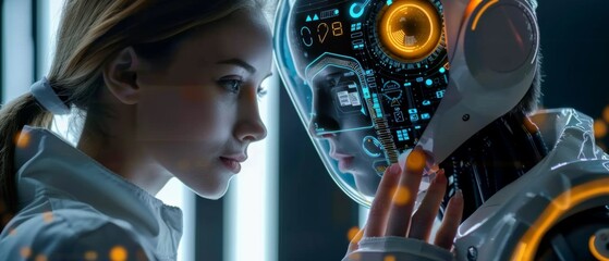 Human conversing with AI robot. Futuristic conversation between human and robot. Abstract technology