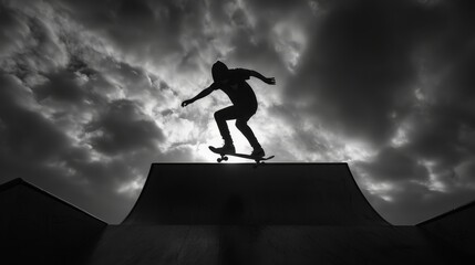 A skateboarder is doing an ollie over a ramp. The background is a cloudy sky.