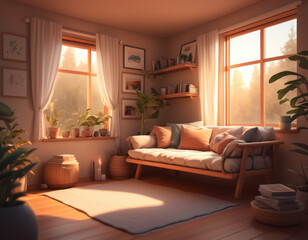 Fototapeta premium Cozy Modern Living Room with Sunset through Window