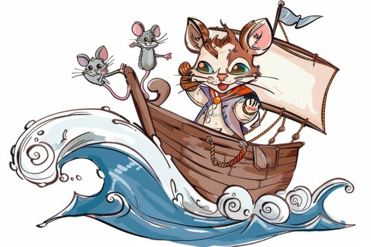 Cartoon cute doodles of a brave sailor cat leading a crew of adventurous mice on a daring quest for treasure, Generative AI