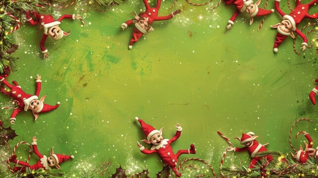 Add a touch of whimsy to your holiday images with a border of playful elves against a vibrant chartreuse backdrop.