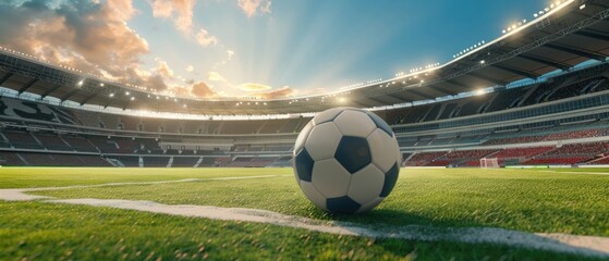A soccer ball is on the field in front of a stadium by AI generated image