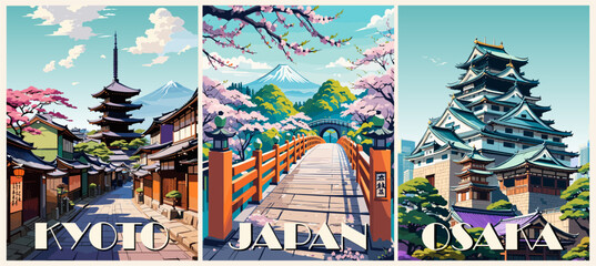 Set of Japan Travel Destination Posters in retro style. Osaka, Kyoto, Fuji Mountain, blooming Sakura digital prints. Exotic summer vacation, holidays concept. Vintage vector colorful illustrations.