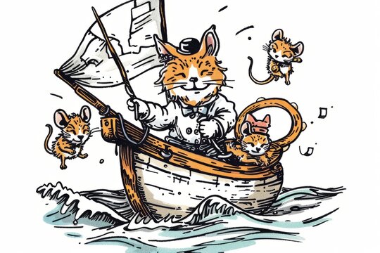 Cartoon cute doodles of a brave sailor cat leading a crew of adventurous mice on a daring quest for treasure, Generative AI