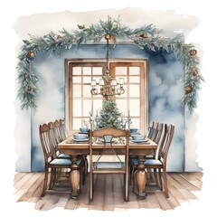 Watercolor illustration of a cozy dining room decorated for New Year and Christmas.