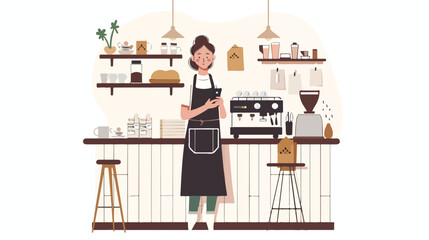 Woman in an apron stands in her coffee bar holding