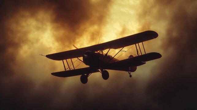 A Sopwith Camel biplane flies through a stormy sky.