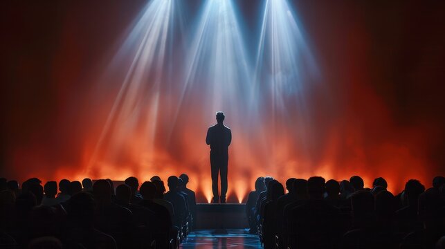 A spotlight shines on a speaker standing on a stage in front of an audience.