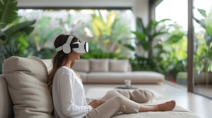 Woman sits on couch with VR headset mockup. Interior design and screen mockup.