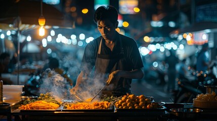 A street food vendor is cooking food at a night market.