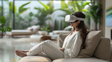 Woman sits on couch with VR headset mockup. Interior design and screen mockup.