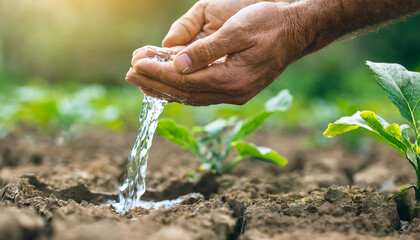 The farmer pours water on the dry ground with his hand. Farming, farmland and irrigation concept. - obrazy, fototapety, plakaty